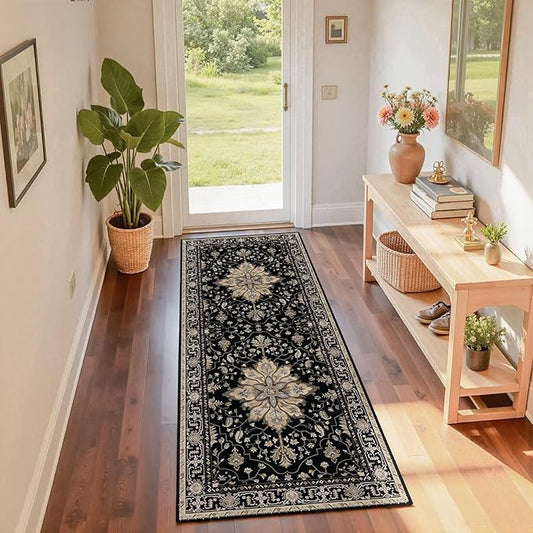 RELEANY Area Rugs 2'x6' Washable Non-Slip, Floral Vintage Distress Print Pattern Medallion Carpet for Living Room Bedroom Dining Room, Black Brown Neutral Dark Tan