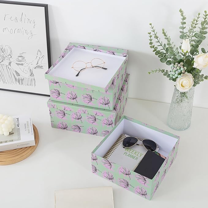 Soul & Lane Set of 3 Decorative Boxes with Lids, Square 11" x 11" Nesting Cardboard Storage for Home Décor in Green, Keepsake and Memory Boxes for Organizing, Sage Garden