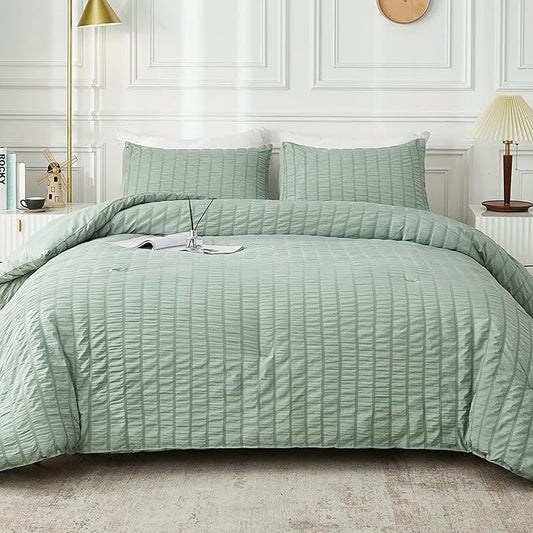 AveLom Sage Green Seersucker Twin/Twin XL Comforter Set (68x90 inches), 2 Pieces-100% Soft Microfiber Lightweight Comforter with 1 Pillowcase, All Season Down Alternative Comforter Set for Bedding