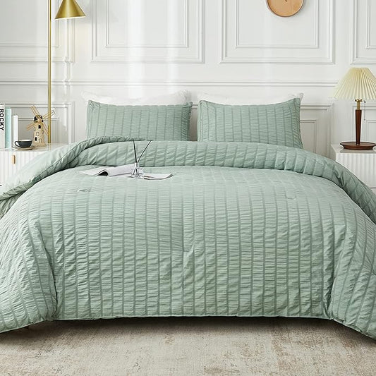 AveLom Sage Green Seersucker Full Comforter Set (80x90 inches), 3 Pieces - 100% Soft Washed Microfiber Lightweight Comforter with 2 Pillowcases, All Season Down Alternative Comforter Set for Bedding