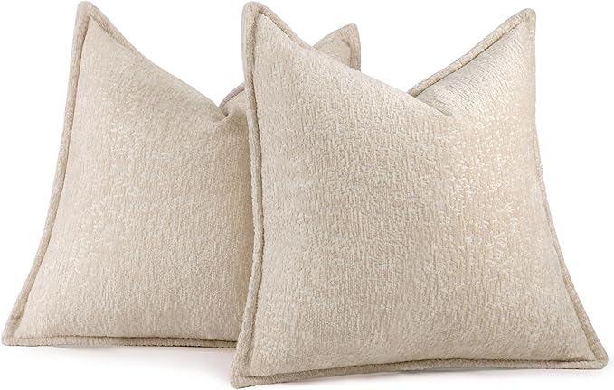 DEZENE Pack of 2 Beige Decorative Throw Pillow Covers 16x16 Cozy Soft Chenille Accent Vintage Square Couch Pillow Covers for Home Decor Bed Sofa Living Room