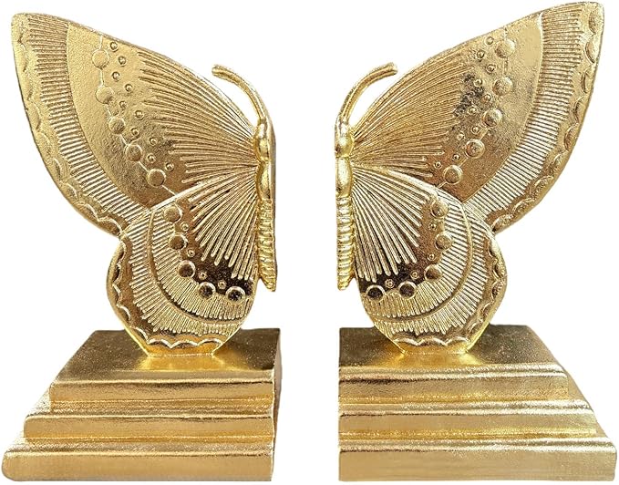 Golden Butterfly Bookends Set of 2 – Elegant Resin Book Stoppers, Heavy Duty Decorative Book Ends for Bookshelf, Home Office, and Gift