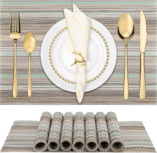Winknowl Placemats Set of 8, Heat Resistant Non-Slip Vinyl Woven Table Mats for Dining Table, Washable Durable Elegant Place Mats for Kitchen Indoor/Outdoor Use (Teal Green)