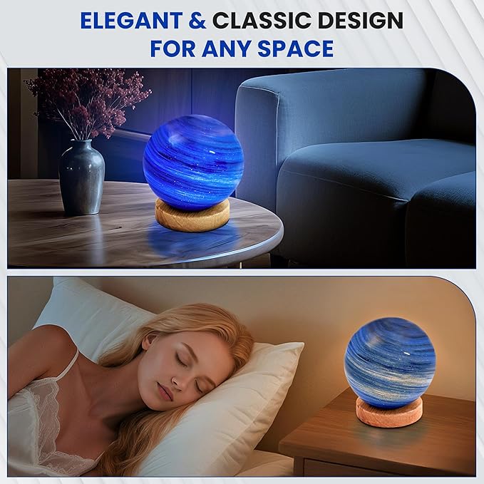 New Model Neptune Blue Planet Night Light Glass Bedside with Wooden Base 3 Modes - Dimmable Swirl Planet Table Lamp for Bedroom Nightstand, Desk Lamp for Living Room, Office, Kids Room