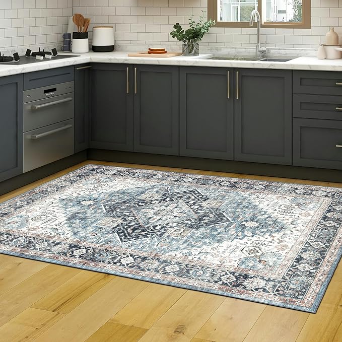 Domitapis Runner Rug 2×6, Vintage Boho Rug,Ultra-Soft Low Pile, Washable, Non Slip,Stain Resistant Printed Carpet for Hallway Kitchen Living Room Bedrooms Playroom Office, Blue/Navy