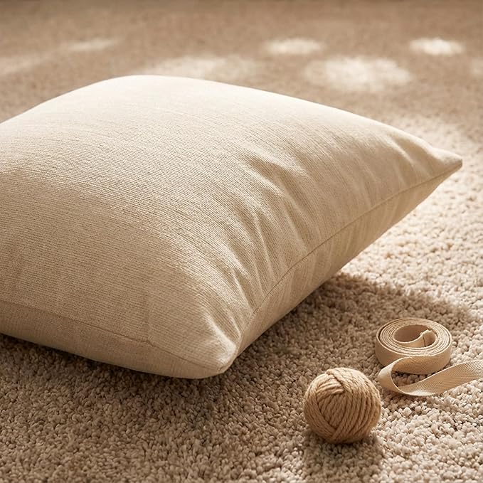 Set of 4 Neutral Throw Pillow Covers 16x16 Inch, Neutral Boho Farmhouse Aesthetic Decorative Pillow Cases for Couch, Sofa, Living Room & Bed, Soft Chenille Pillow Cases, Stylish Home Decor, 40x40 cm
