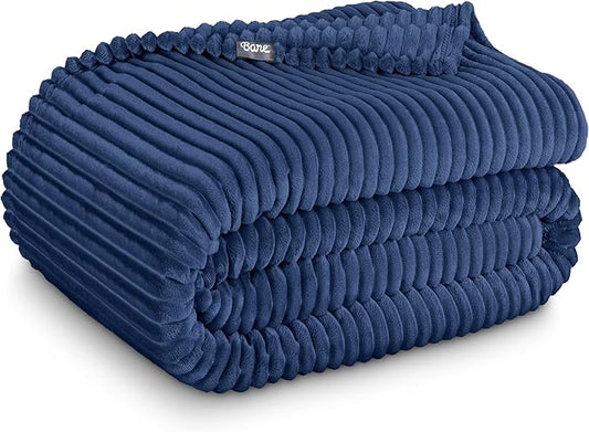 Bare Home Textured Fleece Blanket - Throw/Travel - Ultra-Soft Lightweight for Bed, Sofa, and Couch - Luxury Microplush - Cozy Warm Blanket (Throw/Travel, Ribbed Dark Blue)