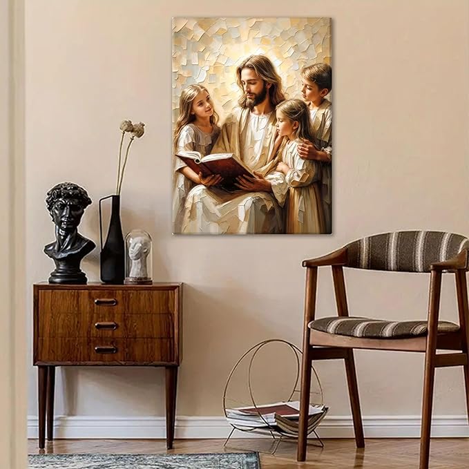 Jesus Teaching Child Canvas Wall Art Christian Kids Room Wall Decor God With Children Painting Pictures Religion Faith Poster Prints for Kids Room Bedroom Church Decoration 12X16