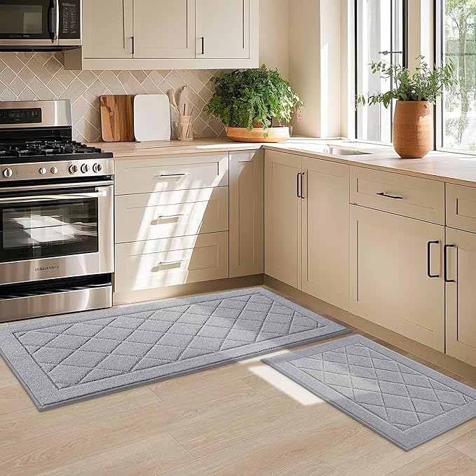 JSEI Non-Slip Kitchen Rugs, Self Adhesive No Sliding Kitchen Mats Set of 2, Soft Washable Absorbent Floor Mat for Kitchen, Bathroom, Laundry Room, Bedroom, 20”x32”+32”x48”, Light Grey, Diamond Pattern