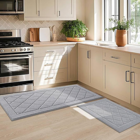 JSEI Non-Slip Kitchen Rugs, Self Adhesive No Sliding Kitchen Mats Set of 2, Soft Washable Absorbent Floor Mat for Kitchen, Bathroom, Laundry Room, Bedroom, 20”x32”+32”x48”, Light Grey, Diamond Pattern
