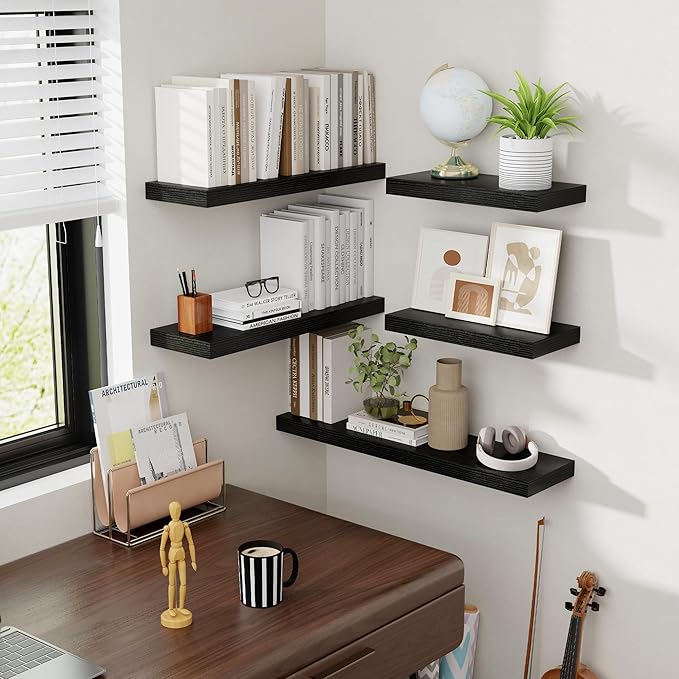 40 Inch Floating Shelves, 8 Inch Deep Floating Shelves for Wall, Hanging Shelf with Invisible Brackets, Deep Shelves for Bathroom, Bedroom, Living Room, Black, Set of 2