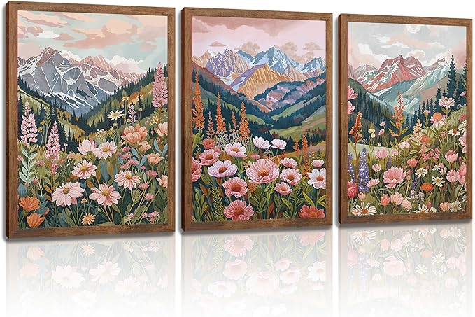Boho Colorful Mountain Landscape Wall Art Set of 3, Flower Daisy Nature Canvas Prints Wall Decor, Vintage Floral Forest Botanical Painting Posters for Living Room Bedroom Home Decor 12x16in Framed