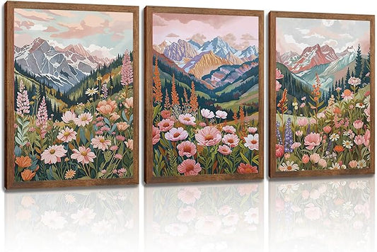 Boho Colorful Mountain Landscape Wall Art Set of 3, Flower Daisy Nature Canvas Prints Wall Decor, Vintage Floral Forest Botanical Painting Posters for Living Room Bedroom Home Decor 12x16in Framed