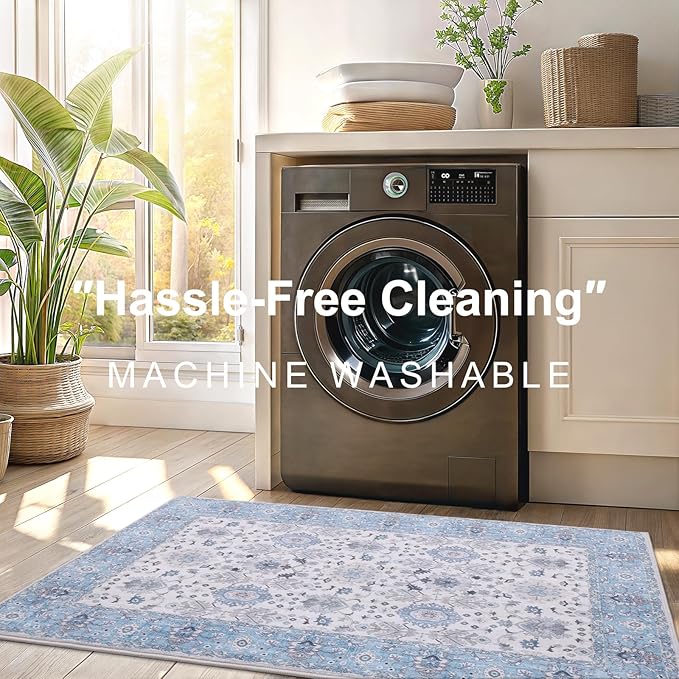 Vanmoos 3x5 Area Rugs for Living Room - Washable, Non-Slip Medium Accent Rug for Bedroom, Kitchen, Entryway - Durable Carpet for High-Traffic Areas & Home Decor, Cozy Elegance/Blue