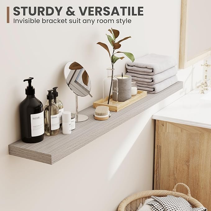40 Inch Floating Shelves, 8 Inch Deep Floating Shelves for Wall, Hanging Shelf with Invisible Brackets, Deep Shelves for Bathroom, Bedroom, Living Room, Grey, Set of 2