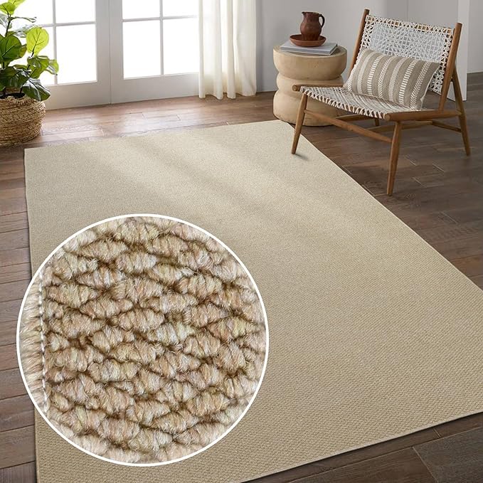 Fortsea 5'x7' Washable Area Rug for Living Room Natural Berber Rug Bedroom Non-Slip Rugs No Shed Faux Jute-Look Area Rugs Non-Skid Washable Area Rug (Camel, 5X7)