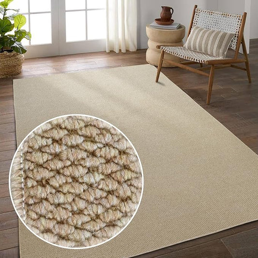 Fortsea 5'x7' Washable Area Rug for Living Room Natural Berber Rug Bedroom Non-Slip Rugs No Shed Faux Jute-Look Area Rugs Non-Skid Washable Area Rug (Camel, 5X7)