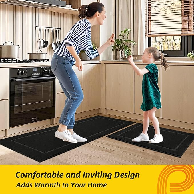 JSEI Non-Slip Kitchen Mats, Self Adhesive No Sliding Kitchen Rugs Set of 2, Washable Absorbent Floor Mat for Kitchen, Bathroom, Laundry Room, Bedroom, 20”x32”+32”x48”, Black, Rectangular Pattern