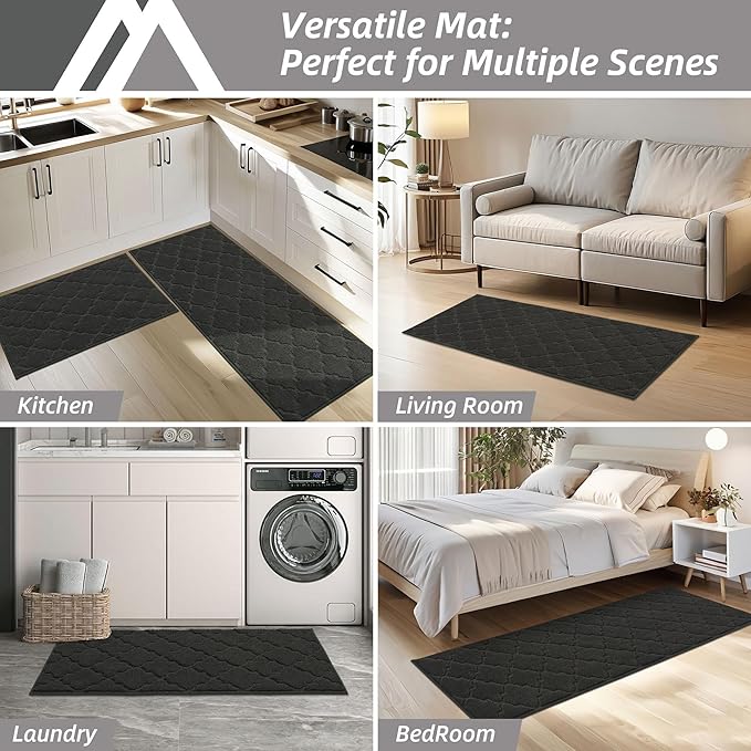COSY HOMEER Soft Kitchen Rugs [2 PCS] for in Front of Sink Super Absorbent Kitchen Floor Mats and Mats 20x30 Inch/20X48 Non-Skid Kitchen Mat Standing Mat Washable,Polyester,Black
