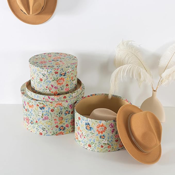 Soul & Lane Botanica Bliss Green Round Hat Boxes with Lids - Set of 3 Nesting Cardboard Hat Storage, Boho Floral Print Cases, Circle Stacking Decorative Keepsake Boxes