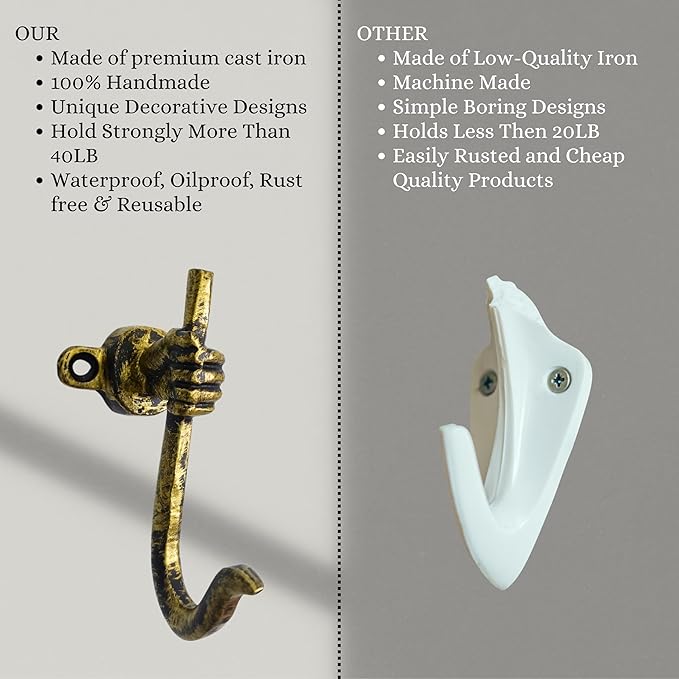 Set of 3 Cast Iron Unique Hand Hook Shape Coat Hooks Wall Art Decor-Hand Shape Hangers and Key Holder-Clothes Rack and Backpack Hanger-Coat Hooks Home Decor for Storage, Living Room (Brass Antique)