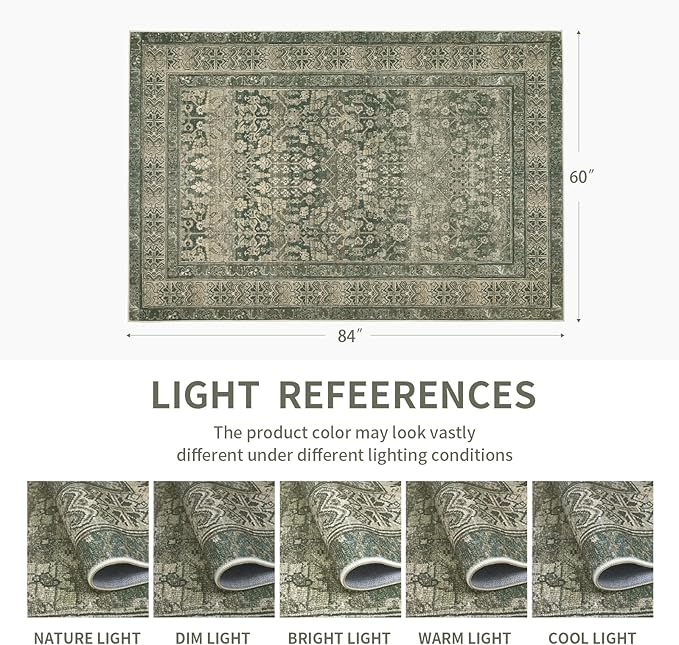 Dotiiorug Vintage Washable Area Rug for Living Room,Low Pile 8x10 Non Slip Carpet Non-Shedding Area Rug Soft Indoor Stain Resistant Rug Floral Print Mat for Bedroom Dining Room Green