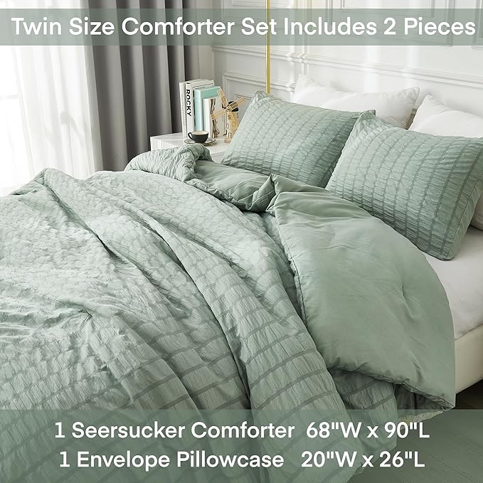 AveLom Sage Green Seersucker Twin/Twin XL Comforter Set (68x90 inches), 2 Pieces-100% Soft Microfiber Lightweight Comforter with 1 Pillowcase, All Season Down Alternative Comforter Set for Bedding