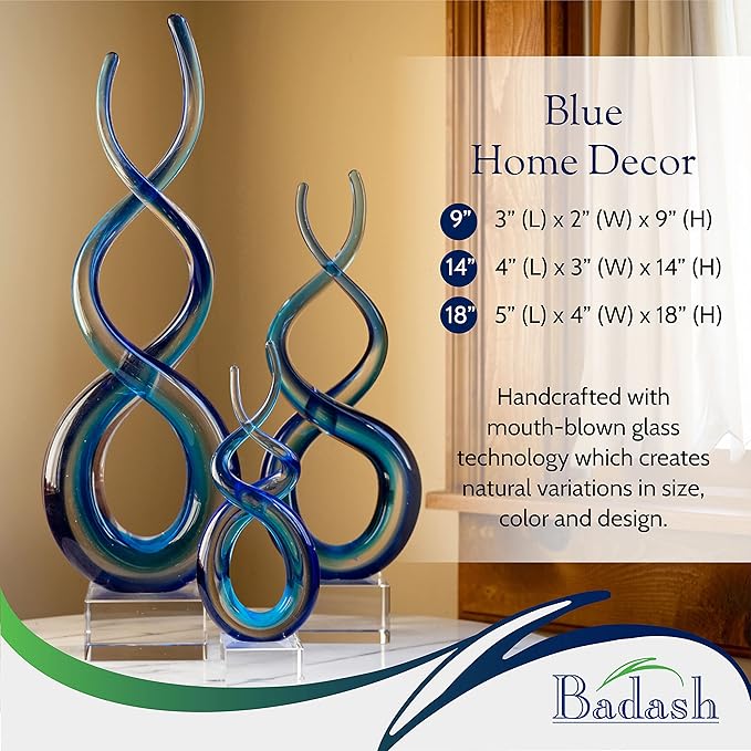 Badash Blue Murano-Style Glass Sculpture - 9'' Wave Art on Crystal Base - Handmade Home Decor