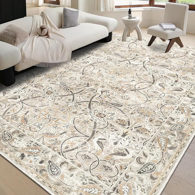 Fortsea 6x9 Beige Area Rug, Machine Washable Non Slip Low Pile Vintage Carpet for Cozy Living Room (6x9, Beige)