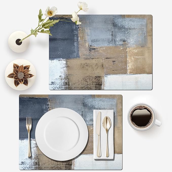 Mcalk Brown Table Runner and Placemats Set of 6, Abstract Dark Grey Placemats, Modern Cloth Place Mats Indoor for Kitchen,Washable Linen Material for Dining Table