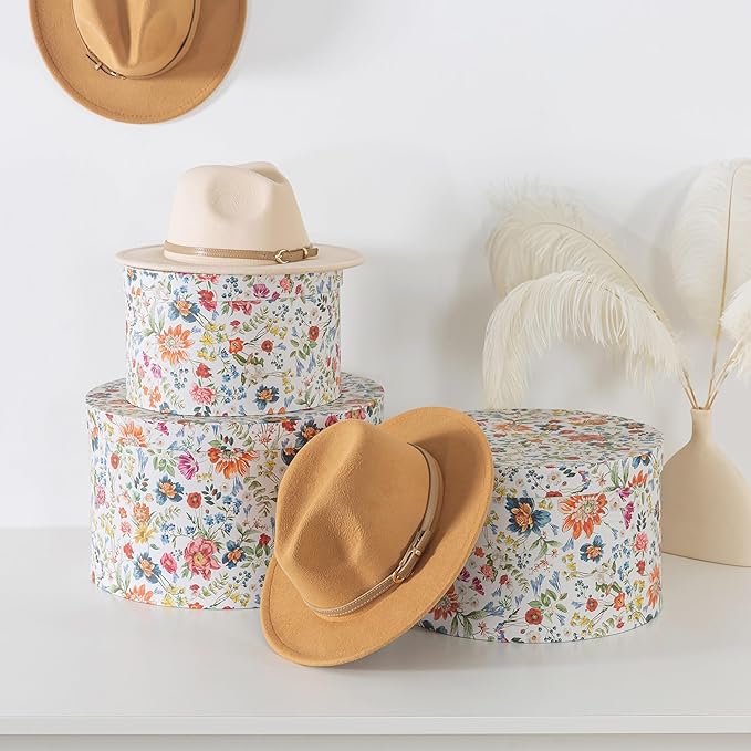 Soul & Lane Botanica Bliss Round Hat Boxes with Lids - Set of 3 Nesting Cardboard Hat Storage, Boho Floral Print Cases, Circle Stacking Decorative Keepsake Boxes