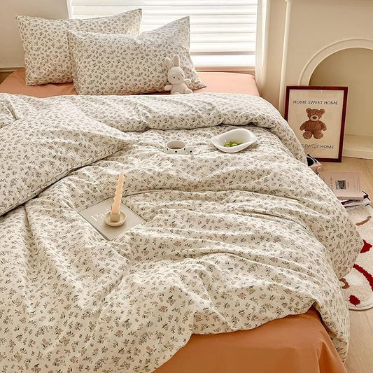 Boho Floral Duvet Cover Twin XL Aesthetic Cotton Floral Bedding Set Off White Vintage Garden Floral Comforter Cover Pink Flower Botanical French Style Duvet Cover Cottagecore Bedding Set Twin XL