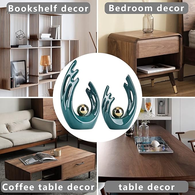 LCCCK 12" H Teal Gold Aesthetic Room Decor Accent, TV Stand Funky Table Centerpiece, Abstract Art Ceramic Statue and Sculpture, Teal Decor for Living Room, Bookshelf Decorative Objects, Shelf Decor