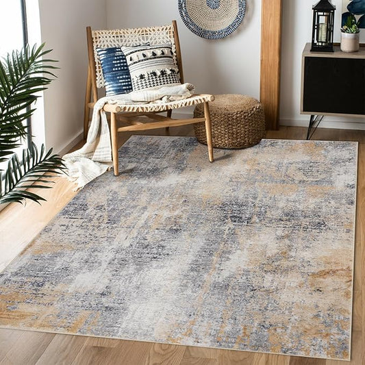 Domitapis Area Rug 5×7, Vintage Boho Rug,Ultra-Soft Low Pile, Washable, Non Slip,Stain Resistant Printed Carpet for Living Room Bedrooms Playroom Office Kitchen, Gold/Grey