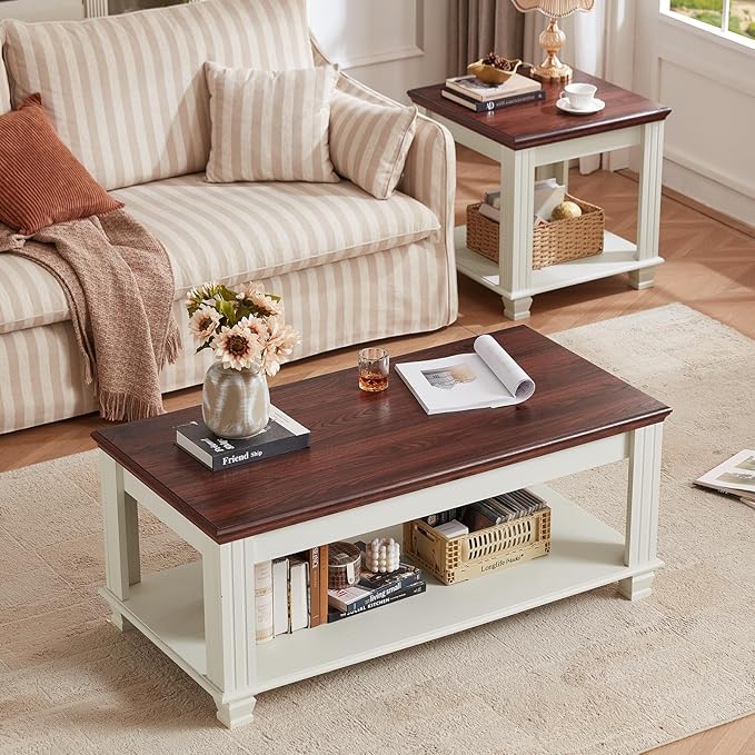 Farmhouse End Table with 2-Tier Storage Shelf, Large Square Side Table with 4 Solid Wood Square Legs, Small Coffee Table for Living Room, White