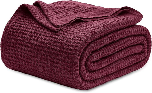 Bedsure Gentlesoft 100% Cotton Blanket Queen Size for Bed - Breathable and Soft for Spring Summer, Thick Cozy Waffle Weave Blanket Gifts for Women, Red, 90x90 Inches