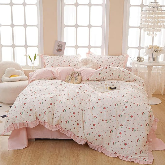 LifeTB Ruffle Pink Strawberry Duvet Cover King 100% Cotton Floral Lace Duvet Cover Cute Floral Bedding Set Kawaii Strawberry Ruffle Comforter Cover Romantic Princess Bedding Cover with 2 Pillowcases
