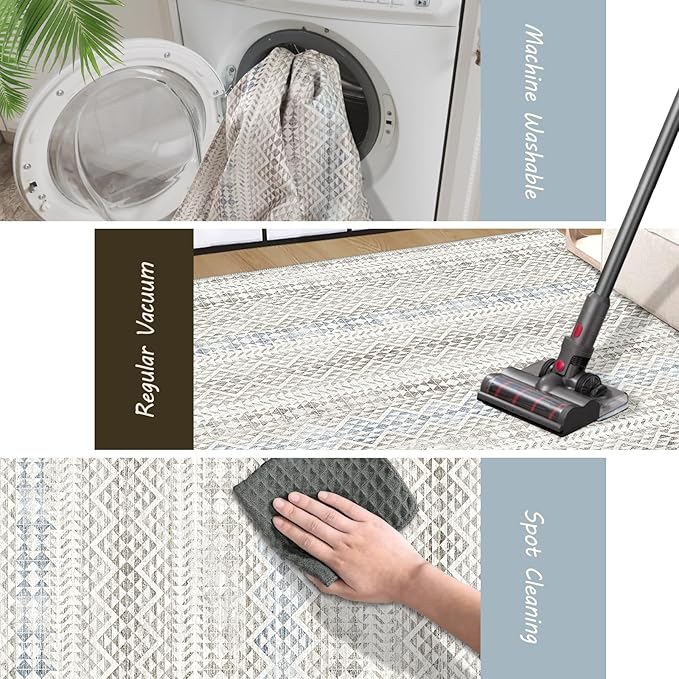 Fortsea 5'x7' Machine Washable Abstract Design Area Rug Machine Washable Area Rugs 5X7, Non Slip, Stain Resistant, Home Decor Living Room Area Rugs 5x7 (Grey Blue Cream 5x7)…