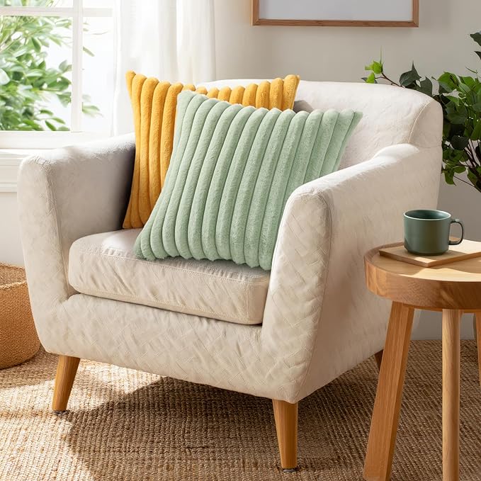 Pallene Faux Fur Plush Throw Pillow Covers 18x18 Set of 2, Luxury Soft Fluffy Striped Decorative Pillow Covers for Sofa, Couch, Living Room, Sage Green