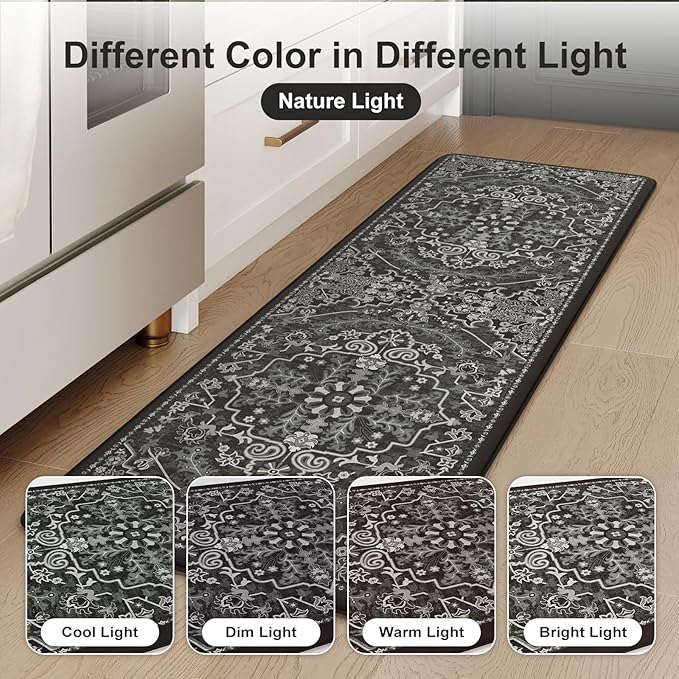 KIMODE Anti Fatigue Kitchen Mat Cushioned, Boho Distressed Kitchen Rugs Sets of 2, Non Slip Memory Foam Kitchen Mat for Floor, Standing Desk Mat for Laundry Office Sink 17.3"x29"+17.3"x59" Black