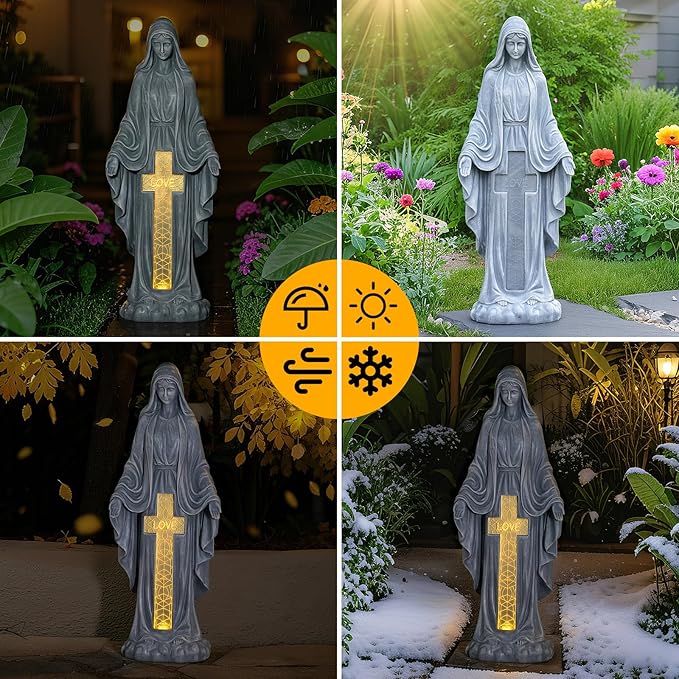 Solar Virgin Mary Praying Statue 27.9 Inch- Outdoor Religious Garden Decor with LED Lights, Weather-Resistant Magnesium Oxide Sculpture for Yard, Patio, Entryway （Gray Solar Virgin Mary）