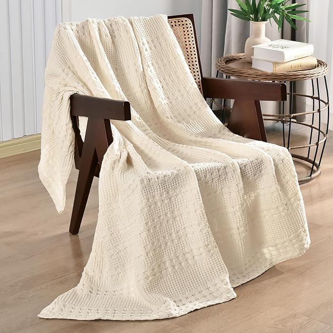 PHF 100% Cotton Waffle Weave Throw Blanket, Soft Lightweight Breathable Cozy Throws for Couch Bed Sofa, 300 GSM Luxury Aesthetic Blanket Gift for Home Decor & Office, 50"x60", Natural