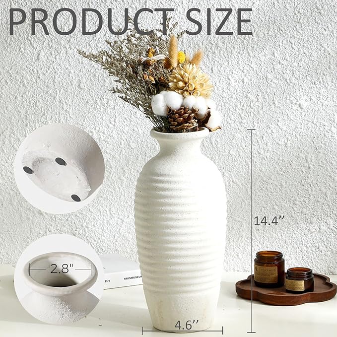 Ceramic Farmhouse Vase, 14.4 Inch Large Handmade Rustic Flower Vase, Waterproof Tall Vase for Pampas Grass & Home Decor, Ideal for Living Room, Shelf, Wedding & Housewarming Gift in Off-White