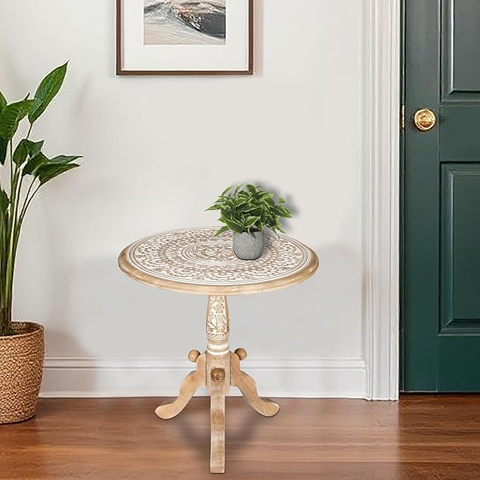 The Wooden Town Round End Table, 18x21 Inch, White Wash, Handcrafted Engraved Carved Side Table with Pedestal Base, Solid Mango Wood