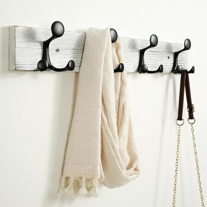 SKOLOO 24-Inch Wood Coat Rack Wall Mount with 4 Triple Hooks - Ideal for Family Entrances, Classrooms, and Pet Supplies Storage - Perfect Coat Hooks for Wall,Distressed White Wash, Pack of 2
