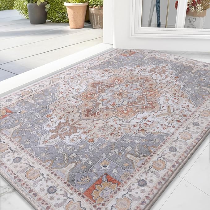 Vanmoos 2x3 Washable Area Rug – Soft, Non-Slip Entrance Rug, Durable Indoor Door mat, Floor Carpet for High-Traffic Areas, Entryway, Kitchen, and Bedside, Artistic Flair/Beige
