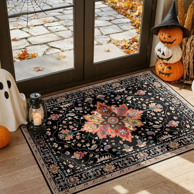 RELEANY Area Rugs 3'x5' Washable Non-Slip, Floral Vintage Distress Print Pattern Medallion Carpet for Living Room Bedroom Dining Room, Black Colorful Floral Dark Tan