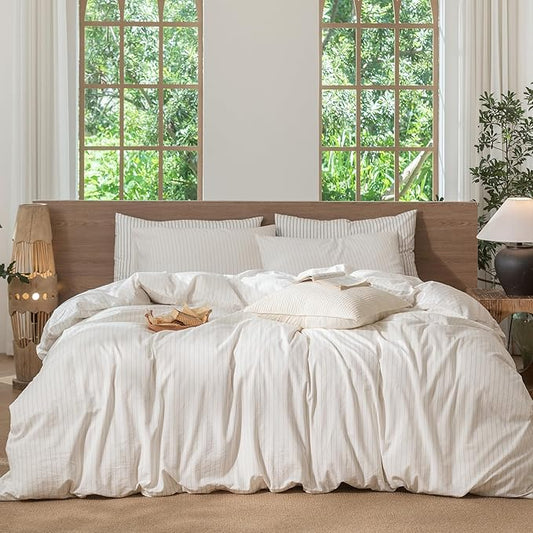 MooMee Striped Duvet Cover Set 100% Washed Cotton Linen Like Textured Breathable Durable Soft Comfy (White Almond Milk Grey Wide Stripes, Super Queen 90"x98")