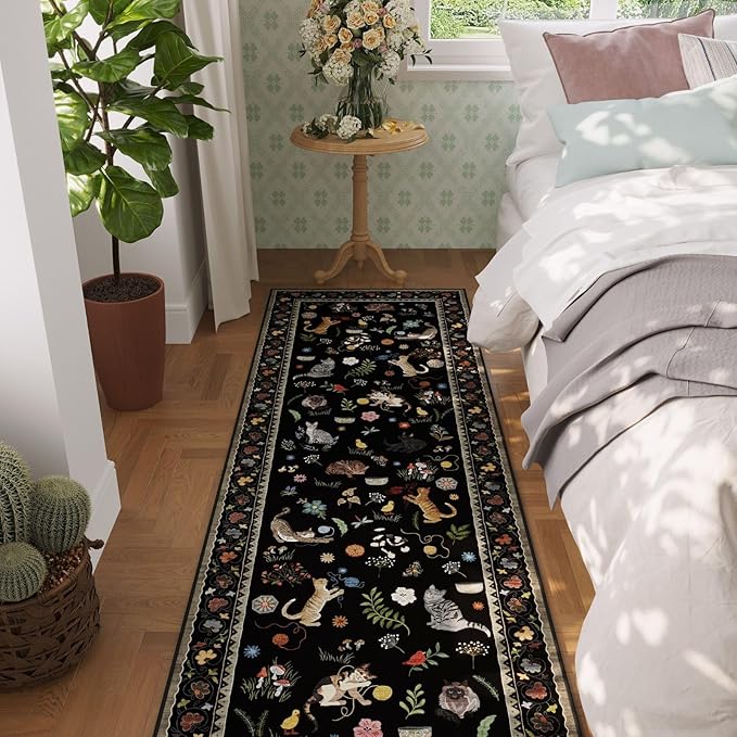 Rugcomf Runners for Kitchen Runner Rug Non Slip 2'x10' Long Washable Rugs with Rubber Backing Soft Floral Animal Cat Carpet Runner for Kitchen Laundry Bedroom Bathroom, Black