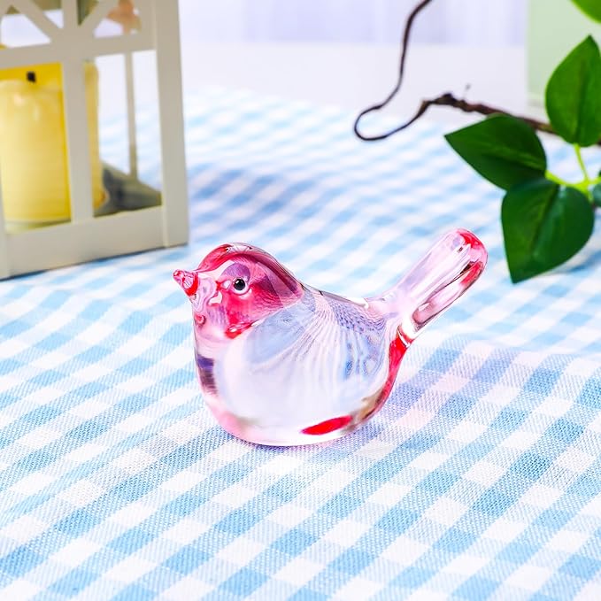 YWHL Handmade Crystal Pink Bird Figurines, Animals Gifts for Birds Lovers Women Men, Art Glass Birds Collectible for Home Decor, Desk Table Home Office Decoration